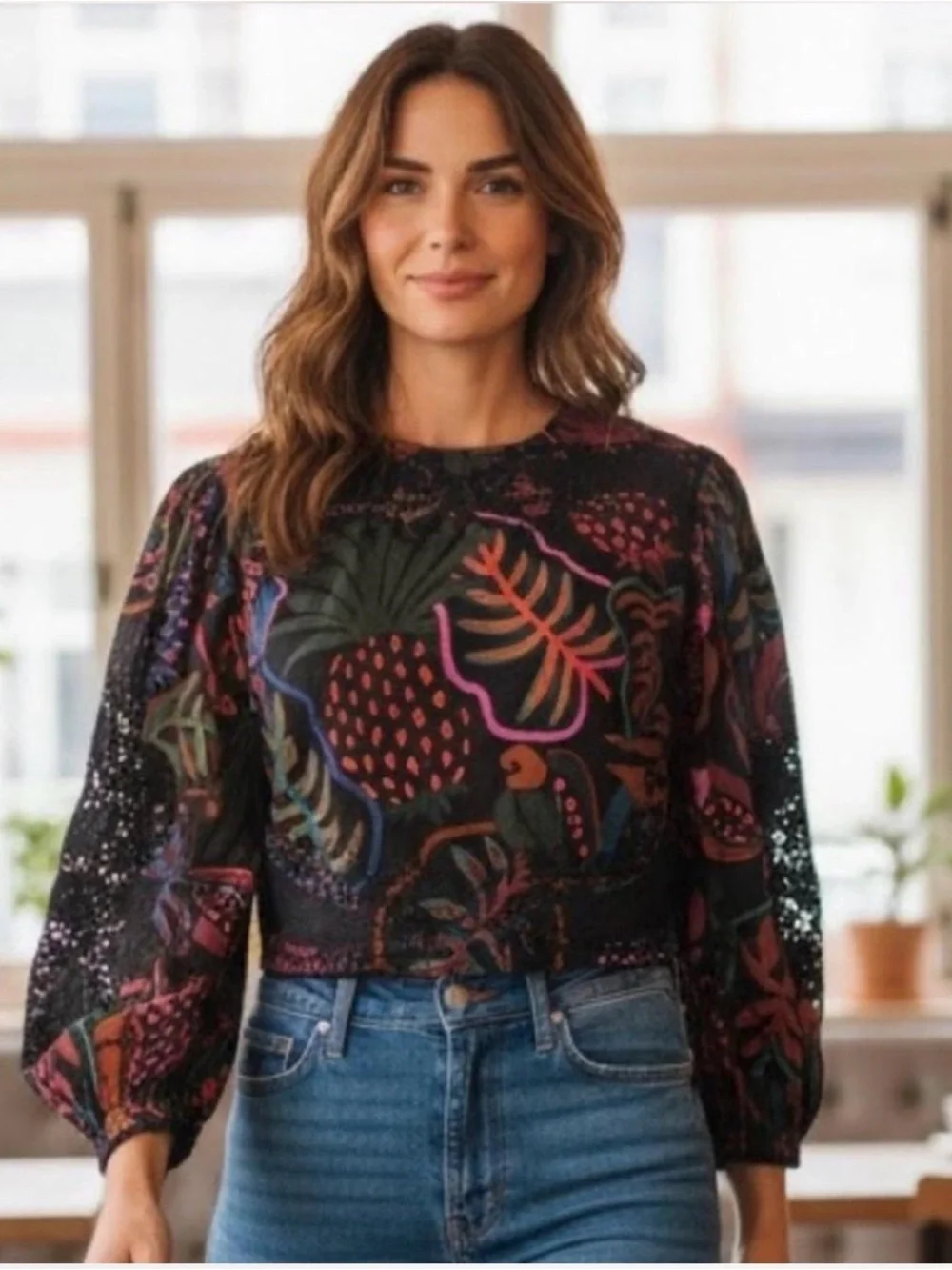 FARM Rio Black Tropical-Print Puff-Sleeve Blouse